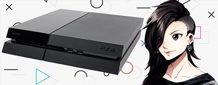 Um PS4 fat preto, junto da Carol Shaw, mascote do newsInside